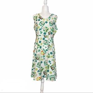 Vintage Inspired Owl and Clover Sleeveless Flared Skirt Dress